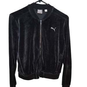 Vtg Puma Womens Black Velour Full Zip Track Jacket Y2k Athleisure Sz Medium EUC